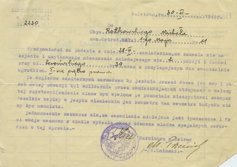 KKE 5521.jpg - Dok. Zezwolenie na zamieszkanie w mieszkaniu dla Michała Katkowskiego, Ostróda, 30 III 1946 r.